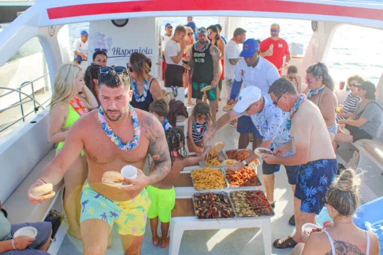Guests serving themselves from the buffet cooked on board
