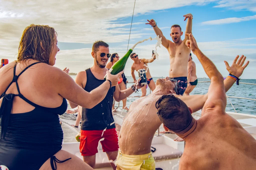A bachelorette group toasting on a private party boat