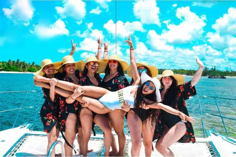 A wedding party celebrating on board