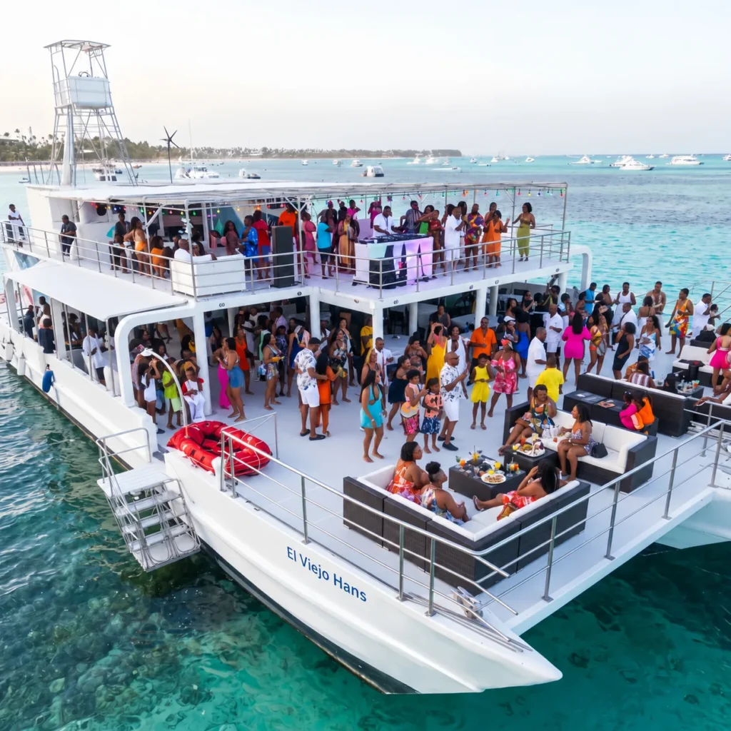 A full deck celebrating on board El Viejo Hans off the Punta Cana coast at golden hour
