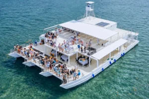 The Karaya seen from above, both decks set for an event