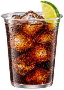 A Cuba Libre with ice and a lime wedge, served in a clear cup on board