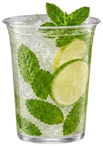A Mojito with mint and lime, served in a clear cup on board